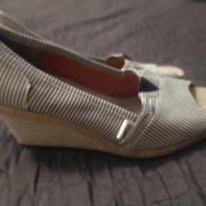 Tom's Canvas Wedge Cork Heel Open Toed Shoes